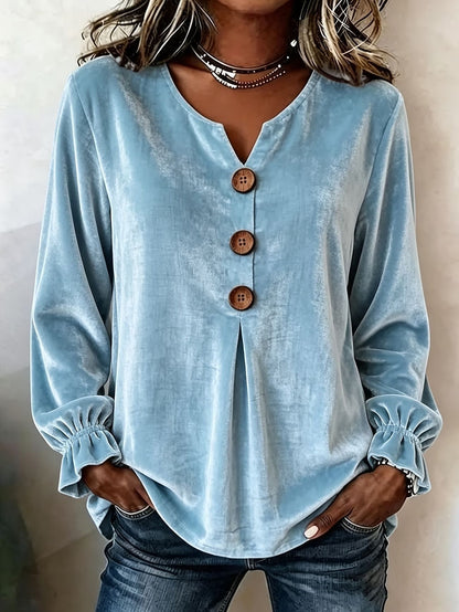 Notch V Neck Wooden Button Pleated Front Puff Cuff Long Sleeve Blouse