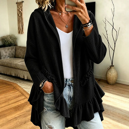 Ruffle Hooded Cardigan – Oversized Knit Open-Front Hoodie