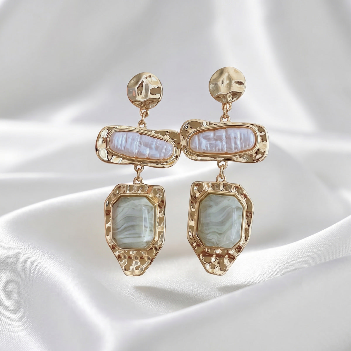 Vintage Layered Baroque Pearl Agate Drop Earrings 14K Gold Plated Textured Dangle Earrings for Women - EH5797