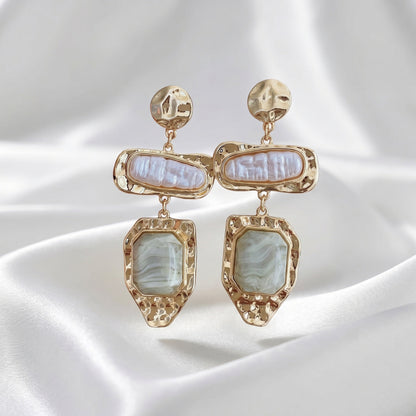 Vintage Layered Baroque Pearl Agate Drop Earrings 14K Gold Plated Textured Dangle Earrings for Women - EH5797