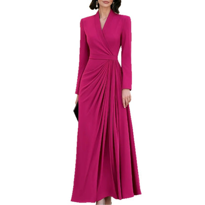 Women's V Neck Long Sleeve Wrap Pleated Maxi Formal Dress