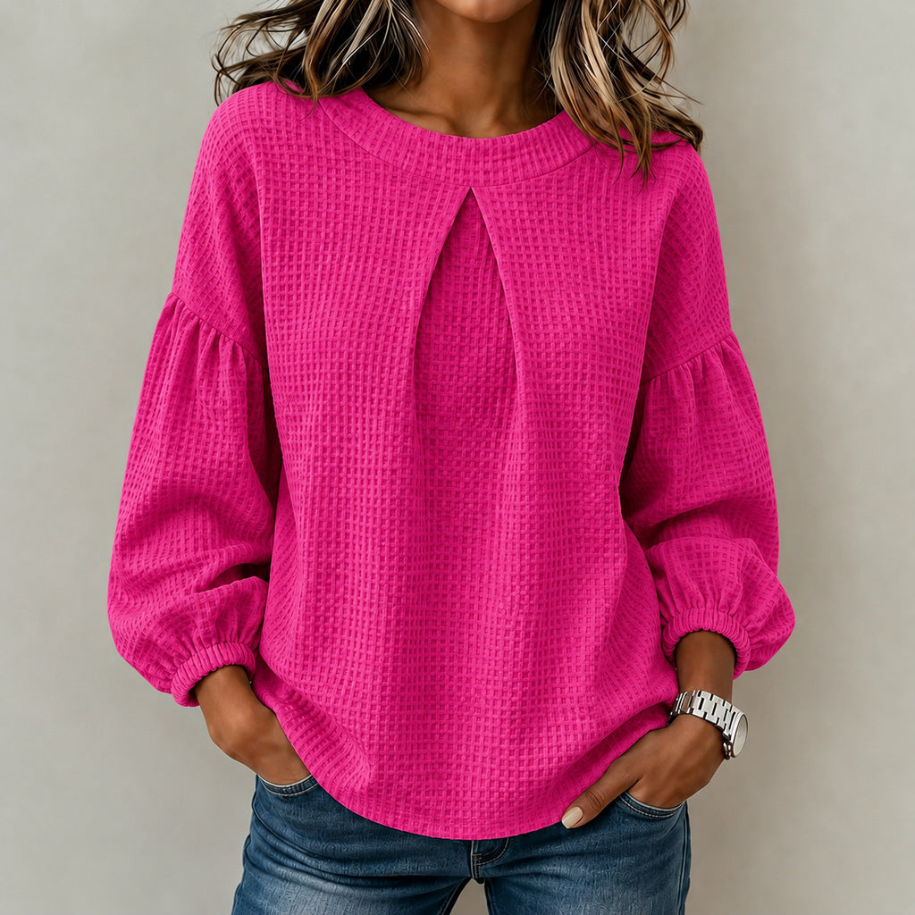 Waffle Textured Pleated Neck Balloon Long Sleeve Blouse
