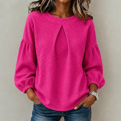 Waffle Textured Pleated Neck Balloon Long Sleeve Blouse