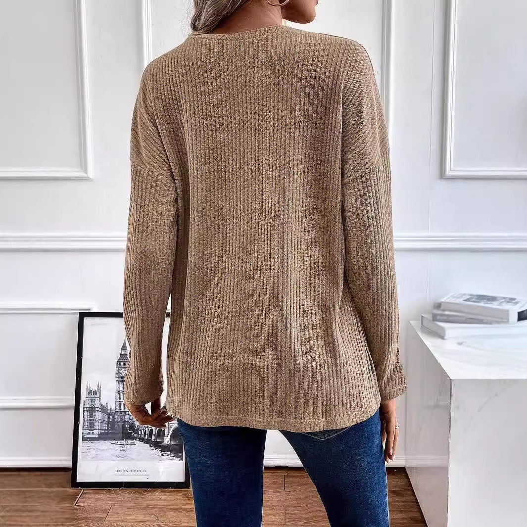 Vertical Rib Knit Henley Half Button Drop Shoulder Long Sleeve Casual Top