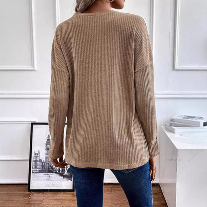 Vertical Rib Knit Henley Half Button Drop Shoulder Long Sleeve Casual Top