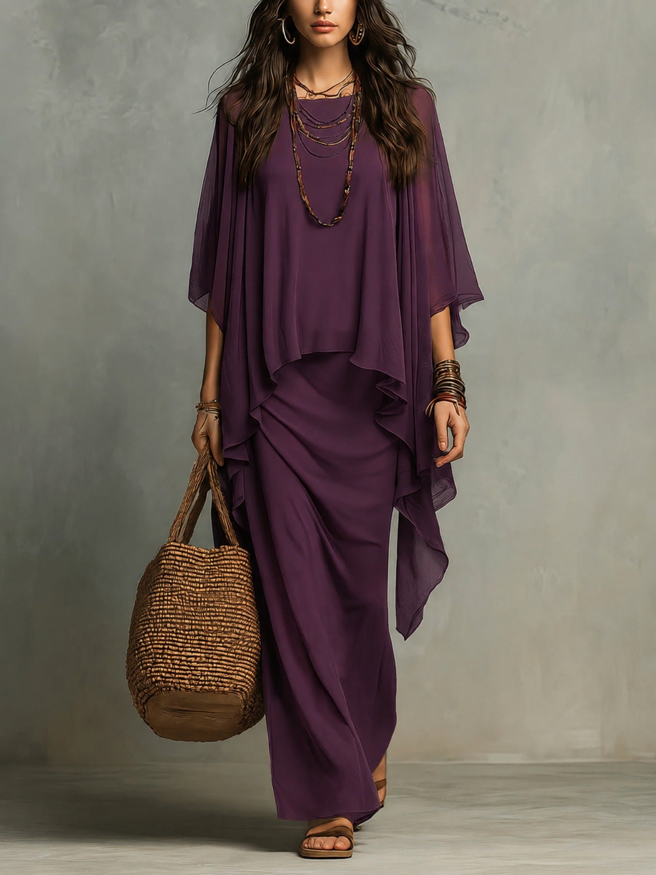 Flowy Linen Blend Poncho Top & Skirt Set