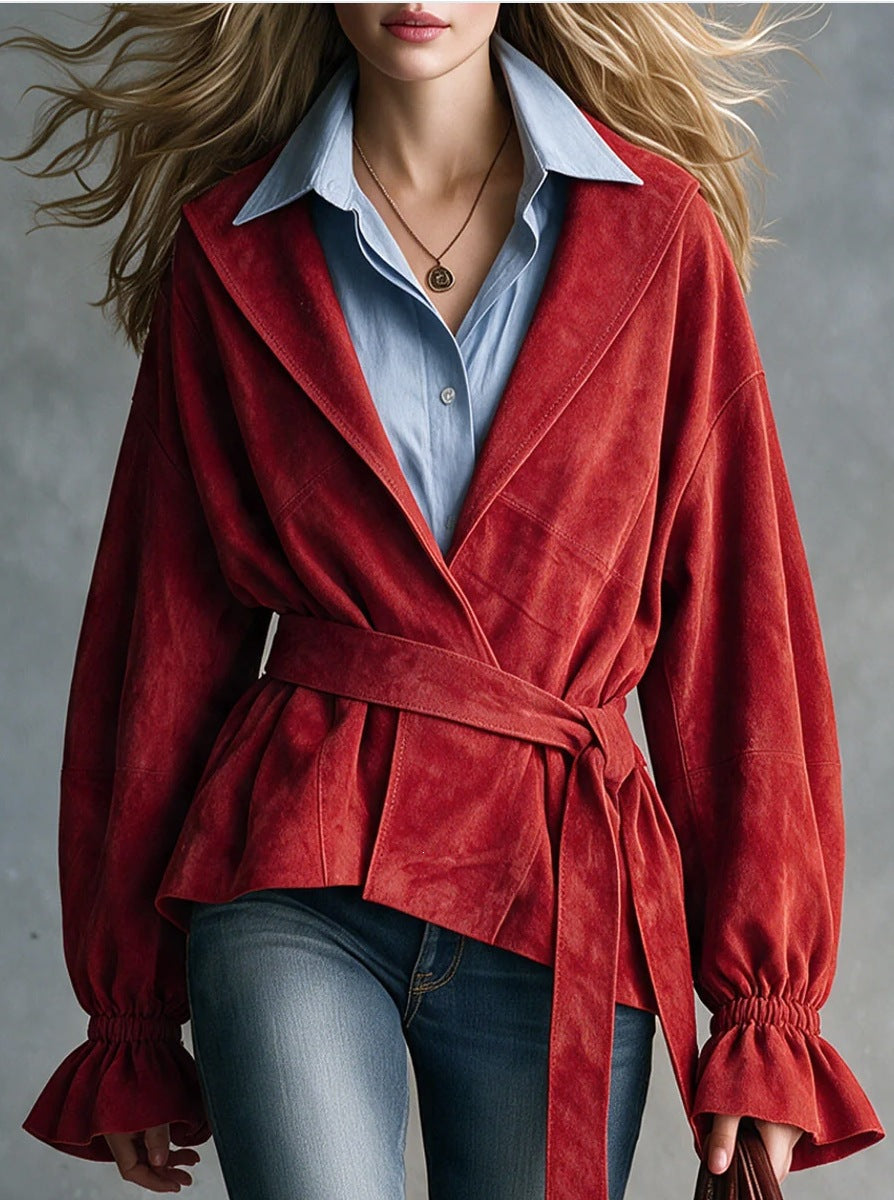 Women Red Wrap Belted Suede Jacket Lapel Flare Long Sleeve Casual Outerwear