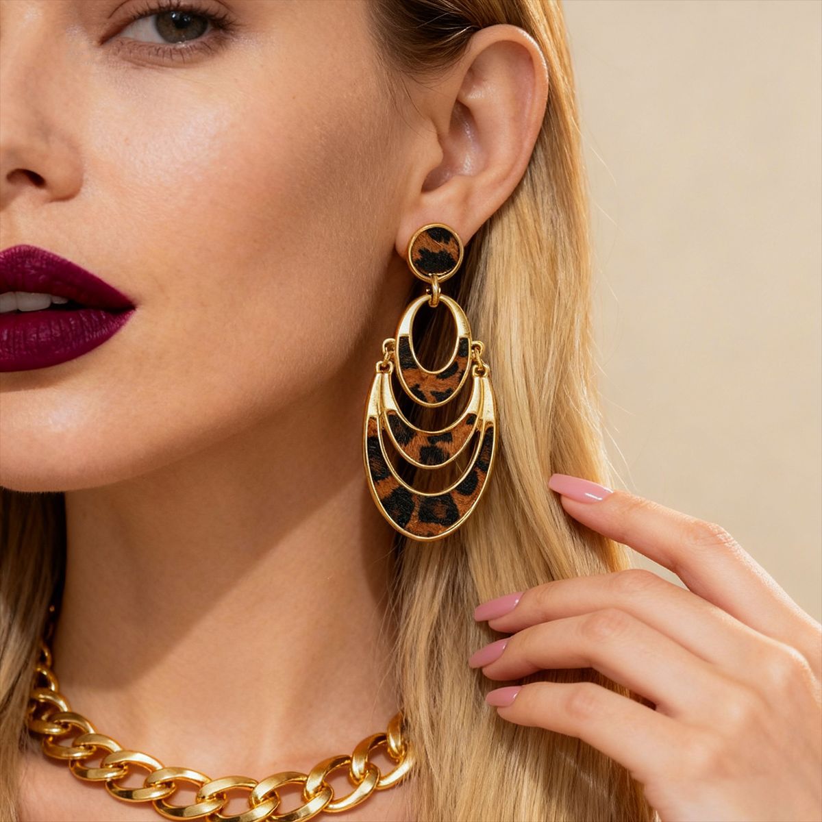 Layered Crescent Leopard Print Dangle Earrings Vintage 14K Gold Plated Animal Pattern Statement Drop Earrings