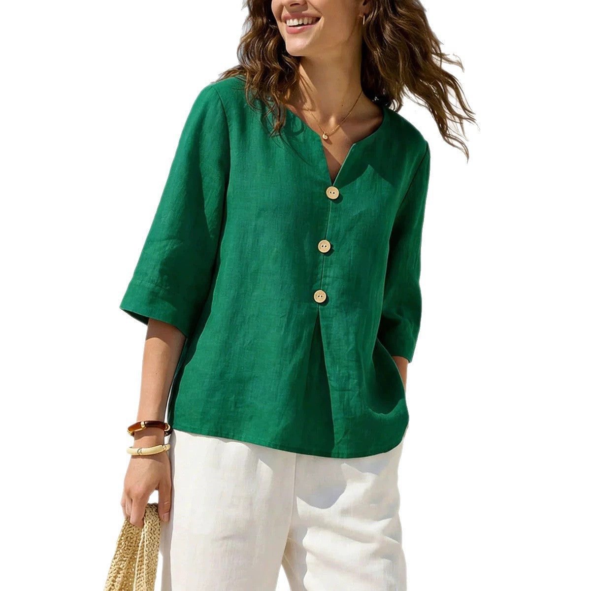 Linen-Blend Button-Front Top – Soft Textured 3/4 Sleeve Blouse
