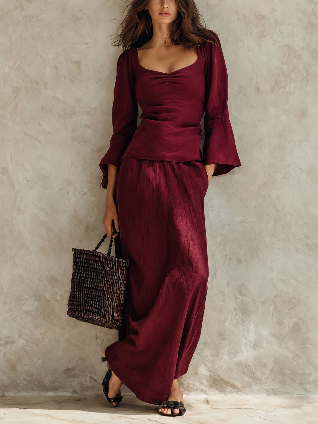 Square Neck Flare Sleeve Top & Maxi Skirt Matching Set