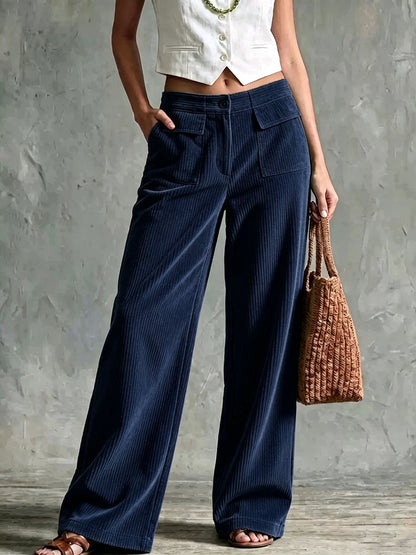 Women's Solid Ribbed Front Patch Pocket High Waist Wide Leg Long Pants