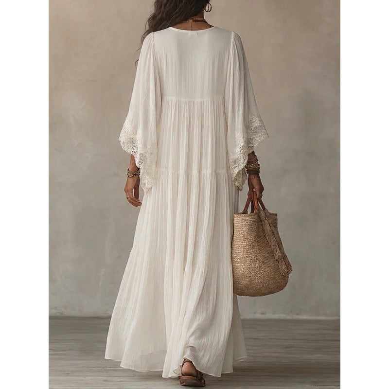 Lace Trim V-Neck Bell Sleeve Tiered Flowy Boho Maxi Dress