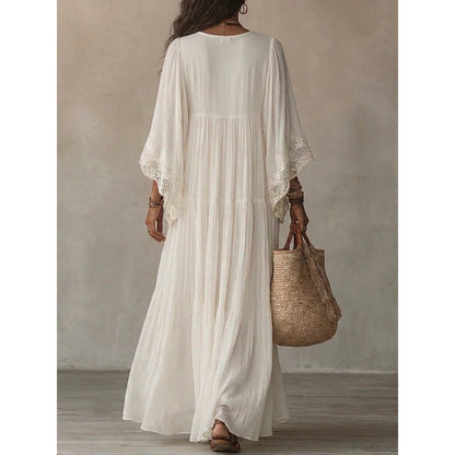 Lace Trim V-Neck Bell Sleeve Tiered Flowy Boho Maxi Dress