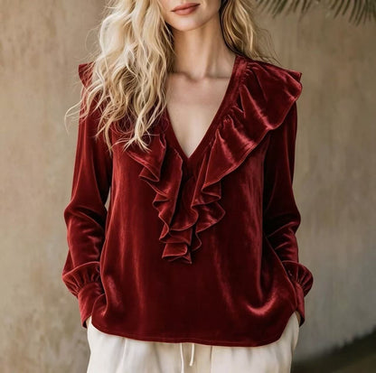 Ruffled V-Neck Velvet Long Sleeve Blouse