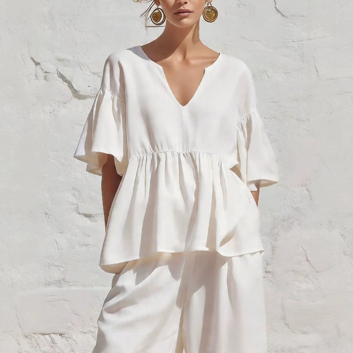 V-Neck Ruffle Sleeve Peplum Blouse