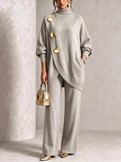 Turtleneck Gold‑Button Asymmetric Knit Tunic & Wide‑Leg Pants Two‑Piece Set