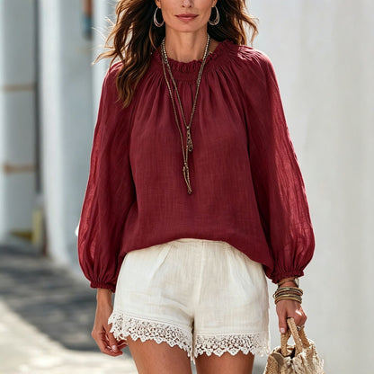 Drawstring Neck Lantern Sleeve Casual Blouse