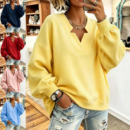 Women Solid Notched Split V-Neck Balloon Long Sleeve Oversized Sweatshirt