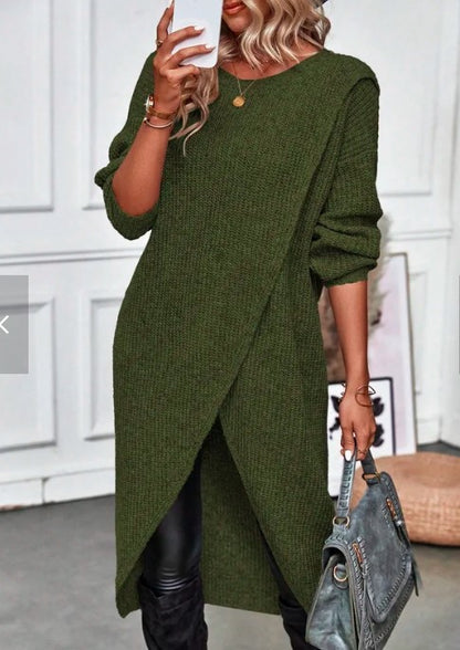 Round Neck Long Sleeve Wrap Asymmetrical Hem Knit Midi Cardigan