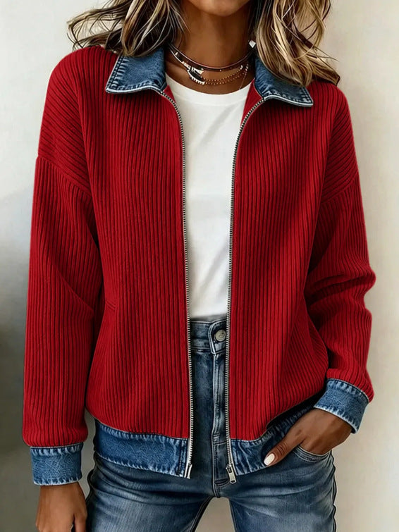 Ribbed Knit Zip Jacket with Denim Trim