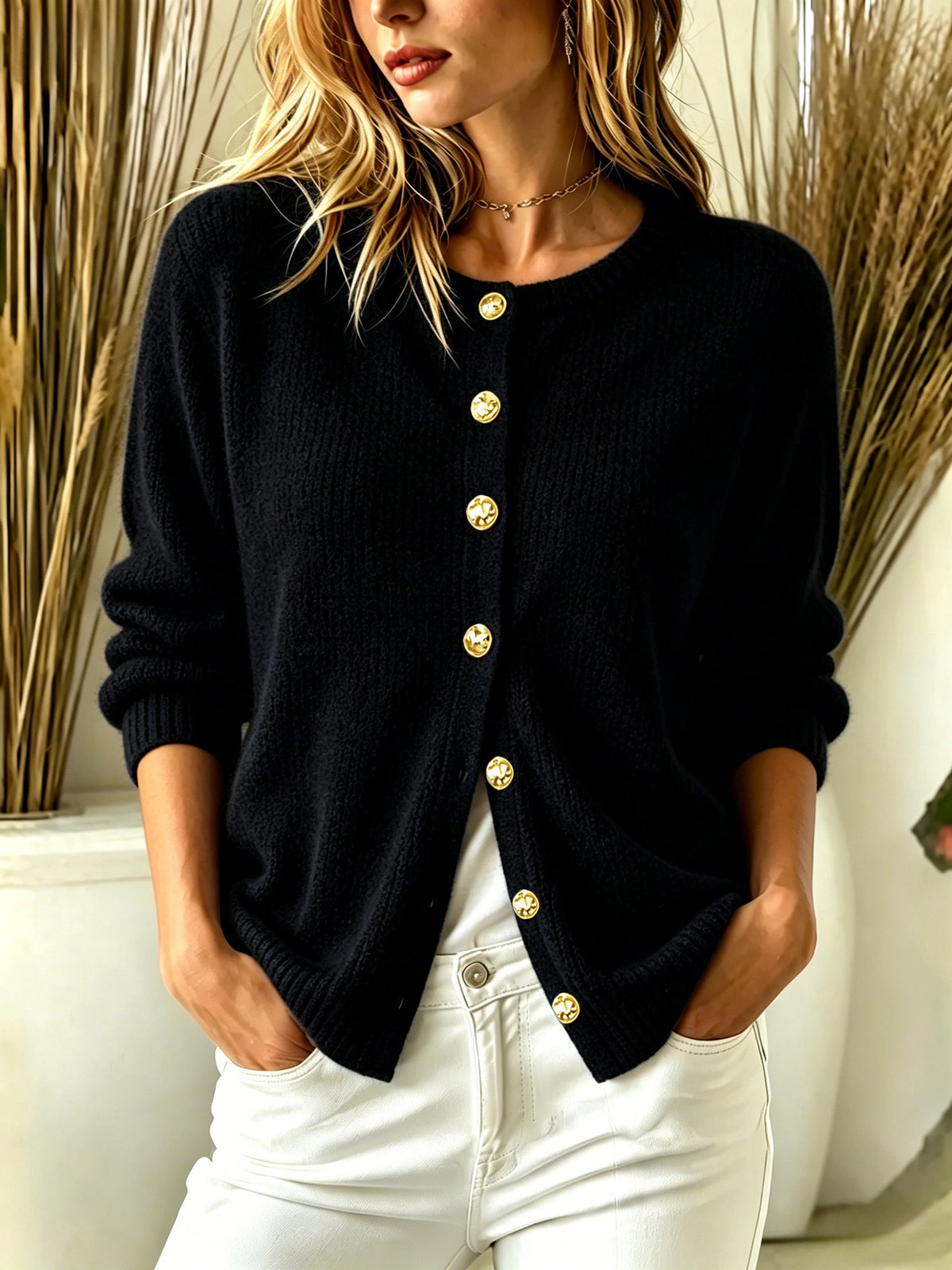 Crew Neck Gold‑Button Ribbed Knit Cardigan