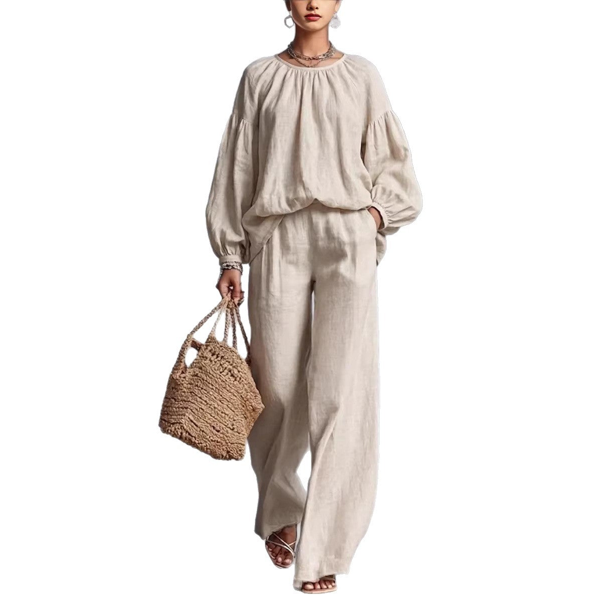 Elastic Neck Linen Blend Matching Two Piece Set