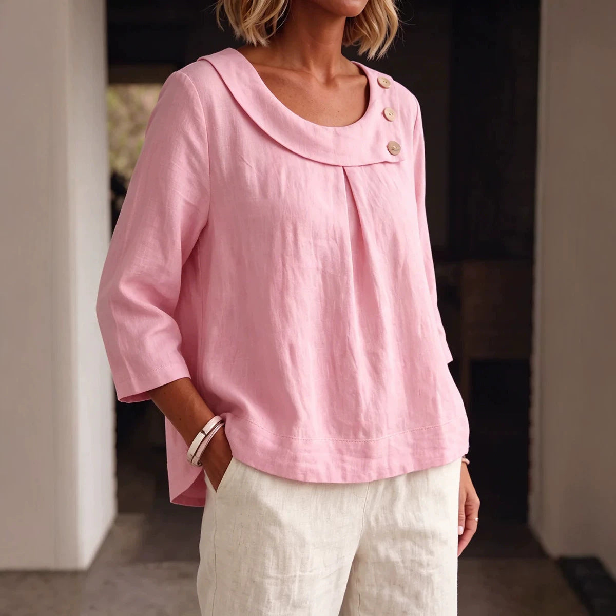 Asymmetrical Button Collar Linen Top