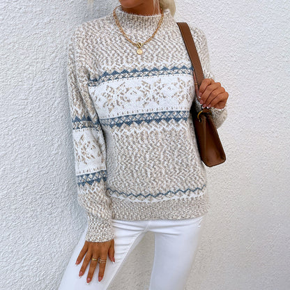 Mock Neck Snowflake Jacquard Long Sleeve Knit Sweater