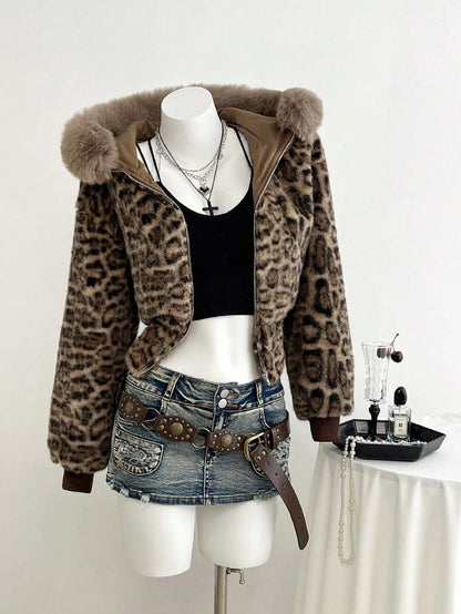 Women Leopard Print Faux Fur Cropped Hooded Jacket With Fluffy Fur Trim
