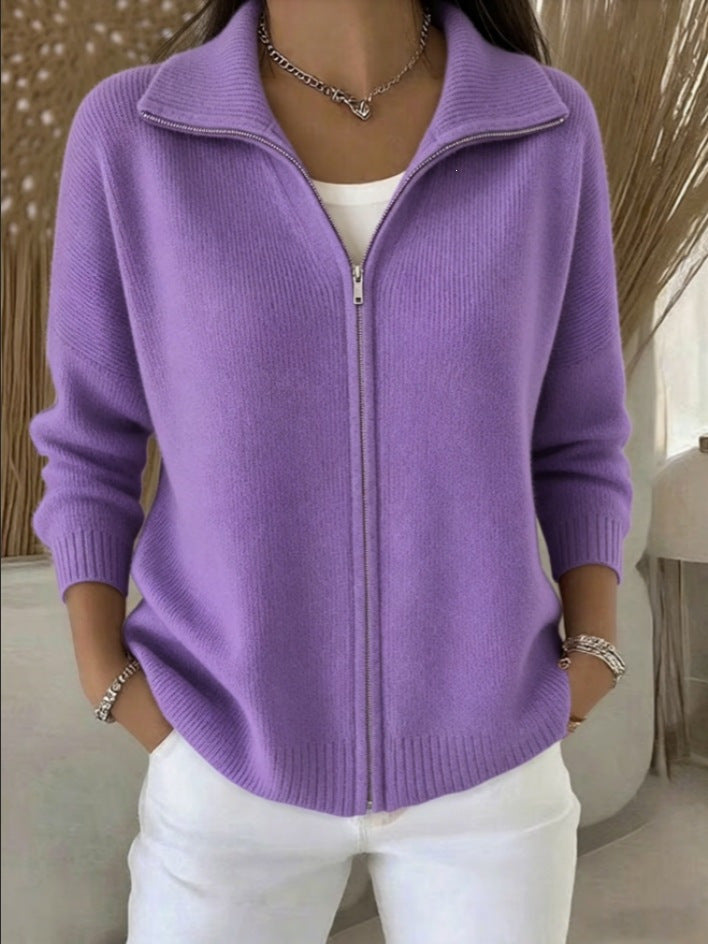 Full Zip Ribbed Knit Collared Cardigan