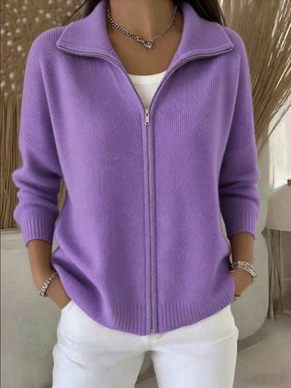 Full Zip Ribbed Knit Collared Cardigan