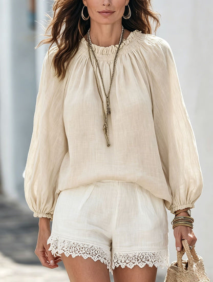 Drawstring Neck Lantern Sleeve Casual Blouse
