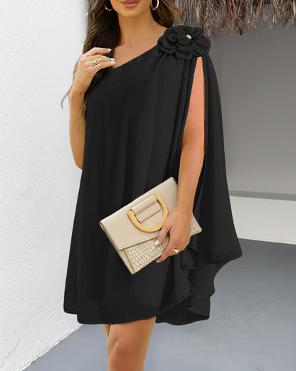 Women's Bright Yellow One Shoulder Chiffon Mini Dress with Floral Applique and Cape Sleeve