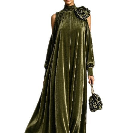 Women's High Neck Cold Shoulder Velvet Maxi Dress With 3D Flower Decoration