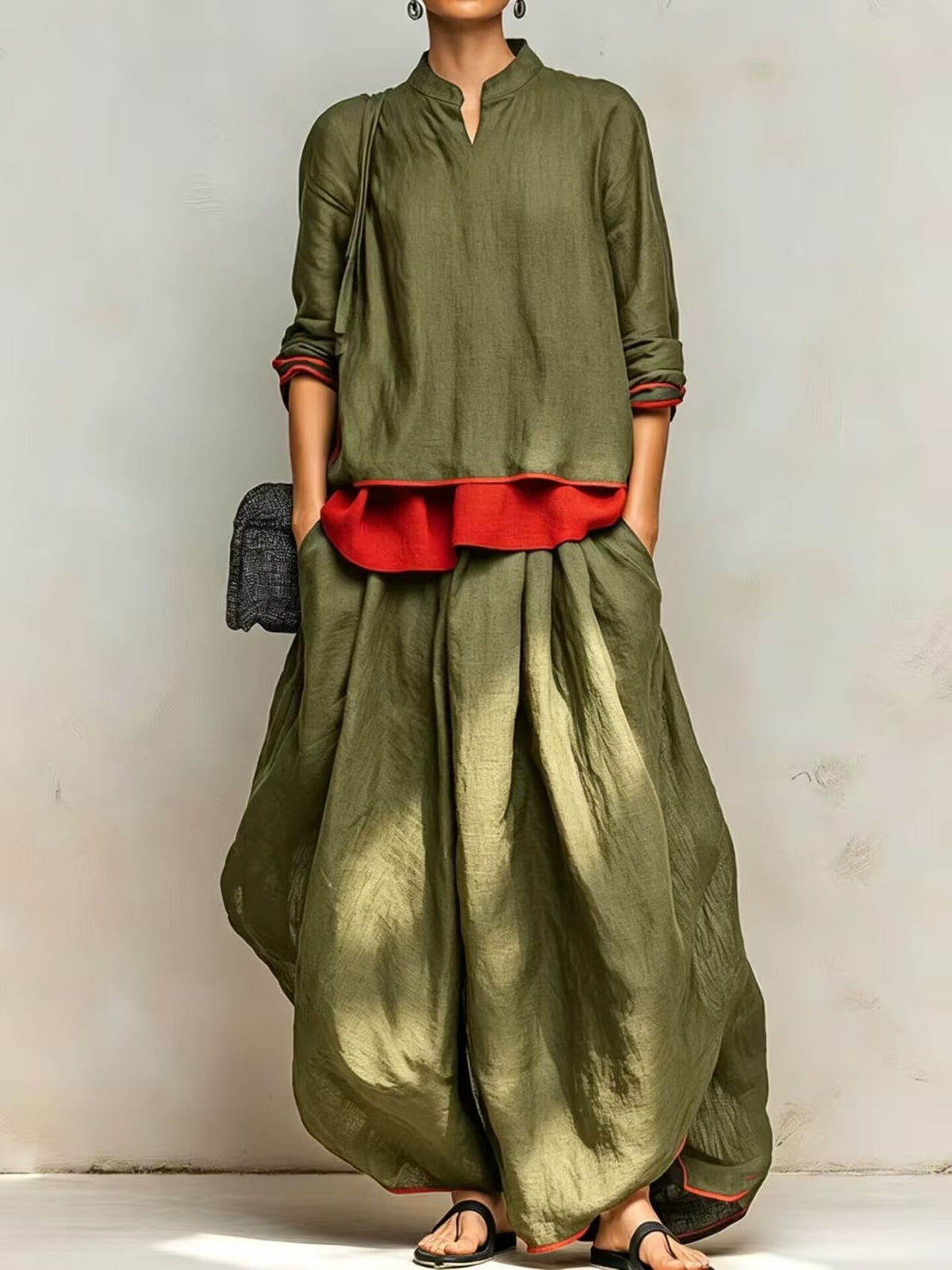 Women's Linen Two Piece Set Stand Collar Long Sleeve Top & Wide Leg Maxi Pants