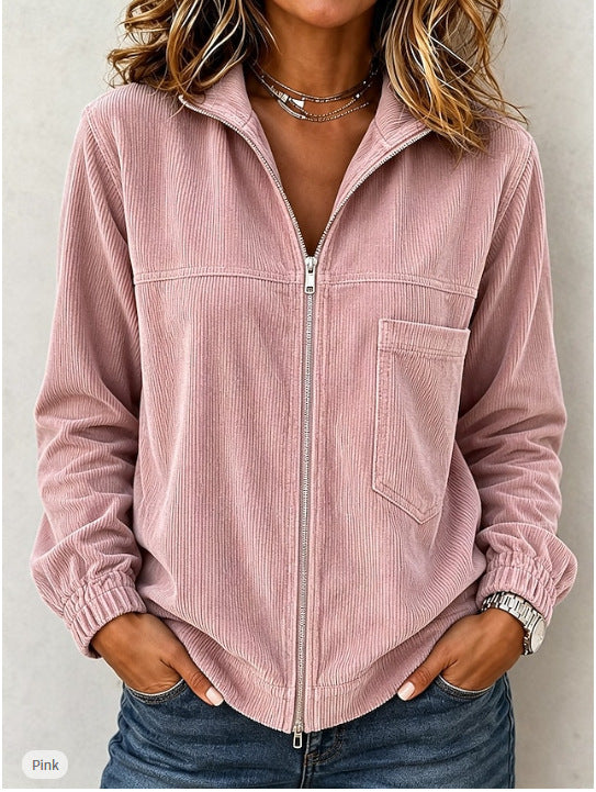 Women's Full Zip Stand Collar Corduroy Long Sleeve Jacket With Pocket
