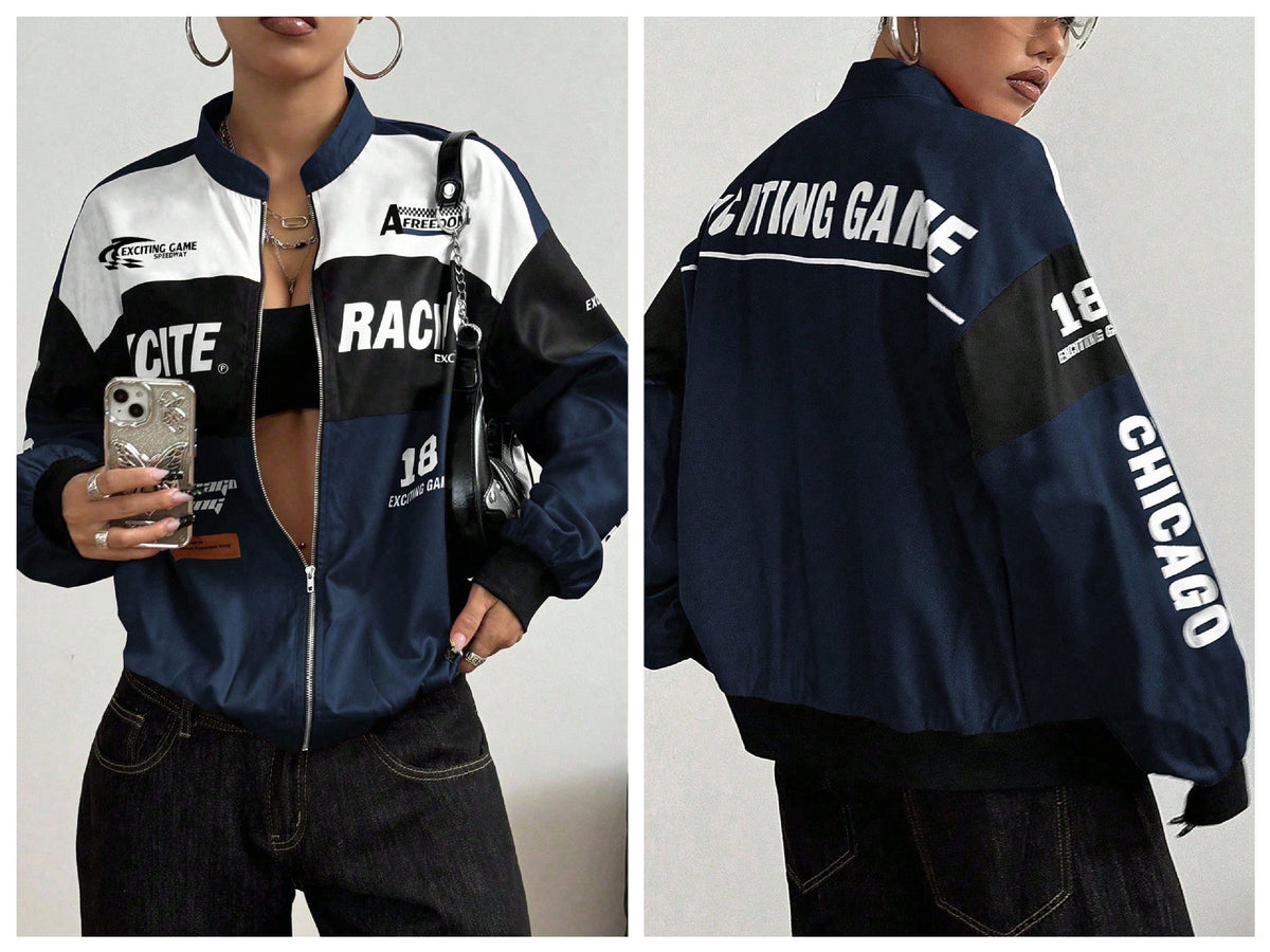 Women Color Block Racing Jacket Zip Up Letter Print Bomber Jacket Y2K Streetwear