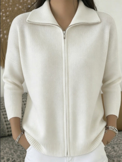 Full Zip Ribbed Knit Collared Cardigan