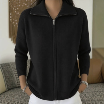 Full Zip Ribbed Knit Collared Cardigan