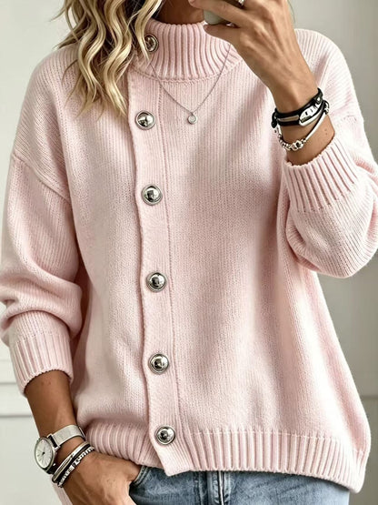 Women's Stand Collar Button Front Knit Sweater, Long Sleeve Loose Casual Pullover Jumper