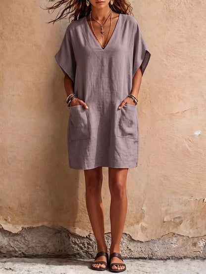 Relaxed V-Neck Linen Mini Dress with Pockets