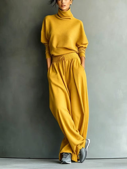 Turtleneck Oversized Knit Top & High Waist Wide Leg Pants Loungewear Set