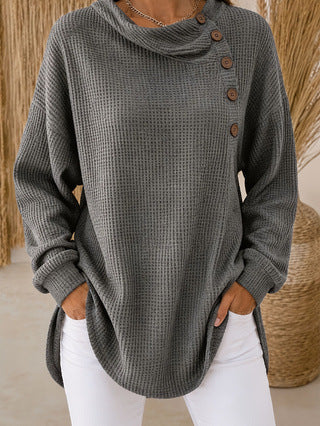 Waffle Knit Cowl Neck Top – Soft Textured Long Sleeve Tunic
