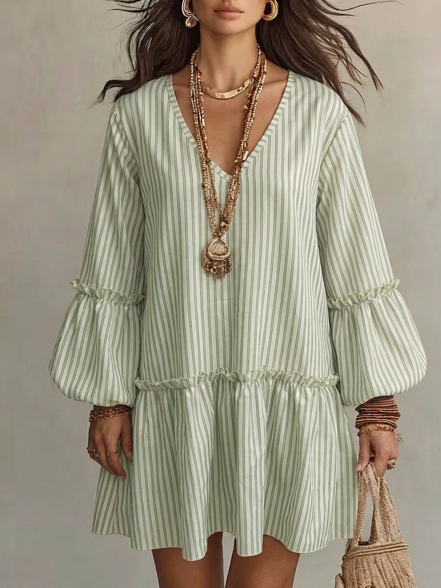 Striped V-Neck Ruffle Hem Mini Dress