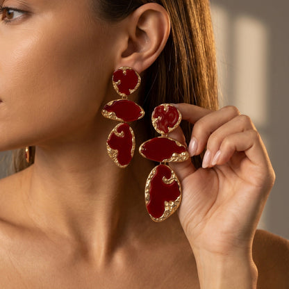 Abstract Red Enamel Tiered Drop Earrings Hammered 14K Gold Plated Statement Dangle Earrings - EH5799