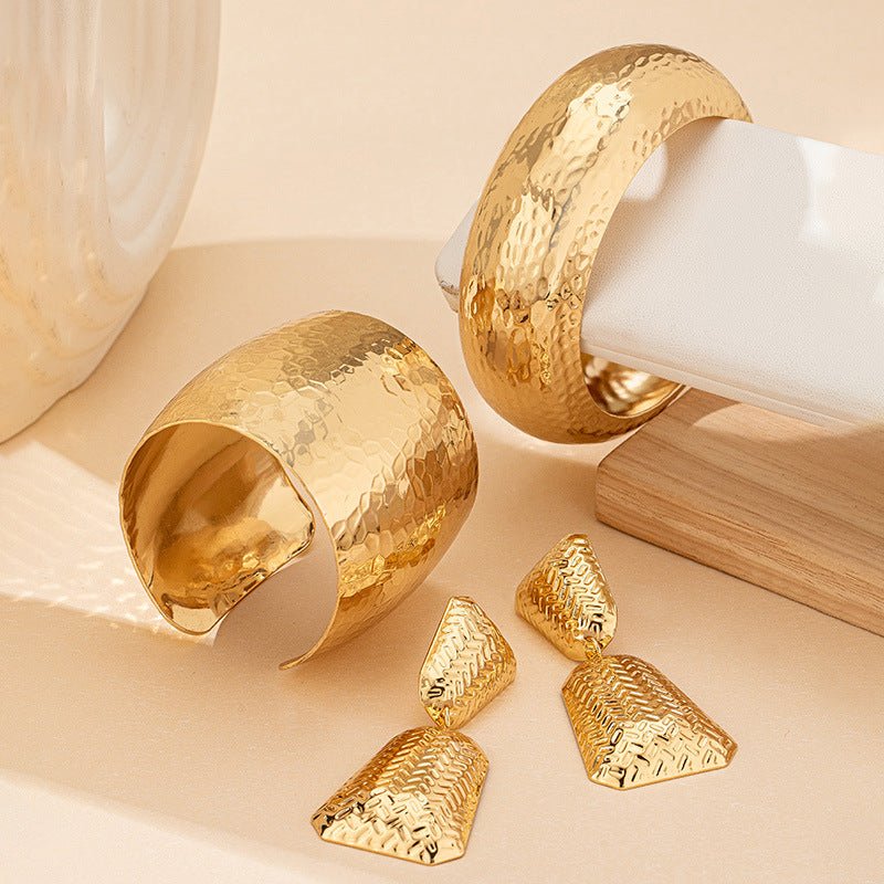 Hammered Textured Gold Jewelry 3-Piece Set | Drop Earrings + Wide Cuff Bangle + Dome Bracelet - T493