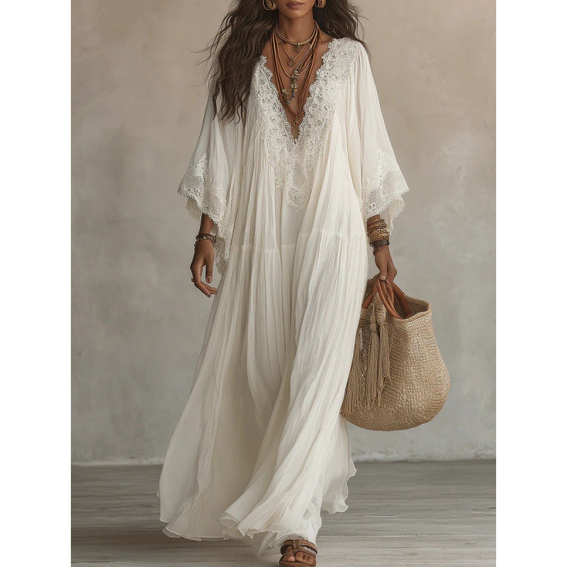 Lace Trim V-Neck Bell Sleeve Tiered Flowy Boho Maxi Dress