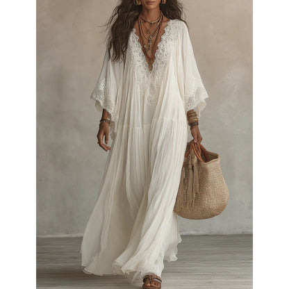 Lace Trim V-Neck Bell Sleeve Tiered Flowy Boho Maxi Dress