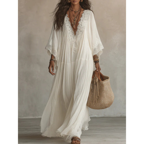 Lace Trim V-Neck Bell Sleeve Tiered Flowy Boho Maxi Dress