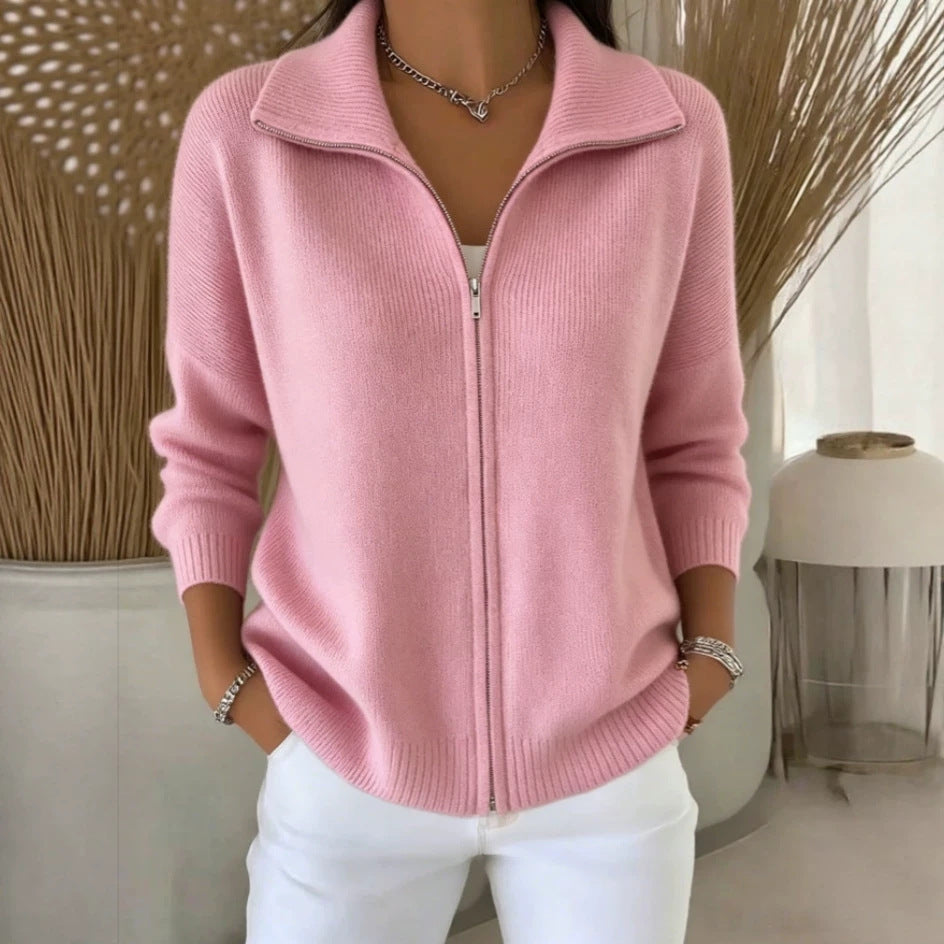 Full Zip Ribbed Knit Collared Cardigan